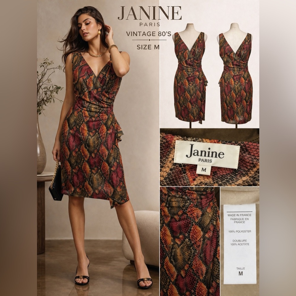 JANINE Paris Vintage 80's Snake Print Wrap Dress Size M Sleeveless V-Neck